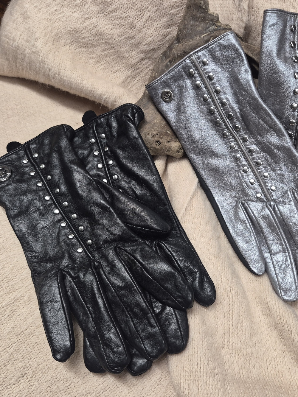 Michael Kors 2 Pair Leather Stud-Trim Gloves - Black and Silver